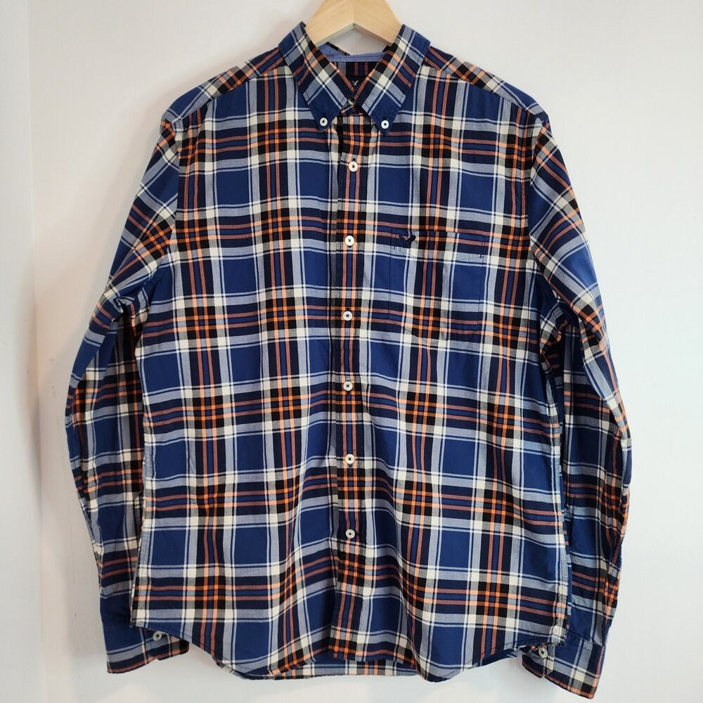 American Eagle Mens Large Cotton Blue Orange Plaid Classic Fit Long Sleeve Shirt